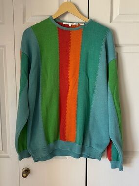 Perry Ellis | Vintage 90s crewneck sweater. Striped. Large. Preppy. Bold colors